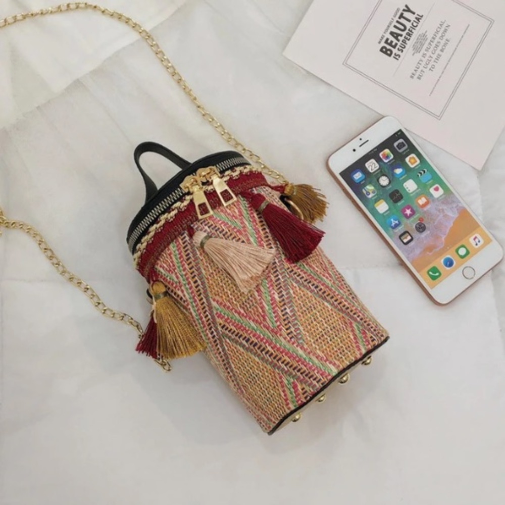 Tassel Chain Woven Straw Handbag
